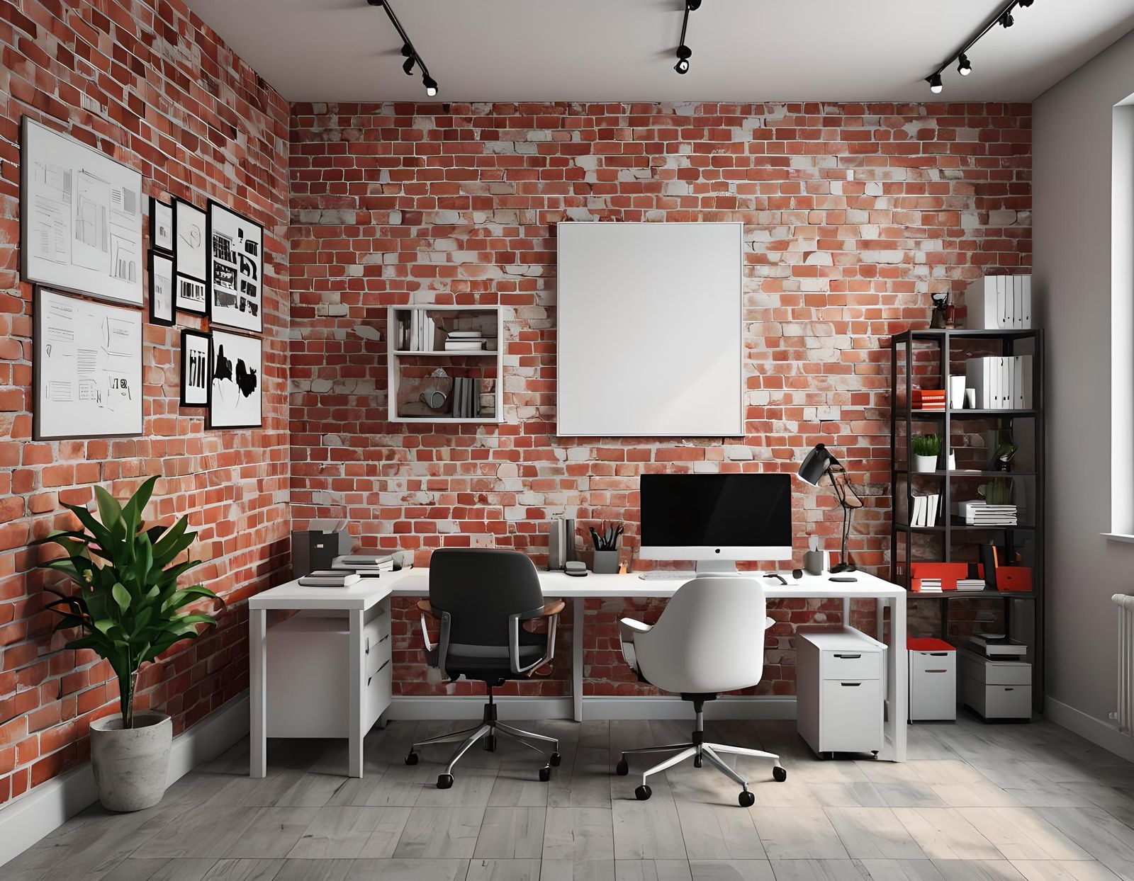 Small Office Interior with Brick Walls, 3D Render