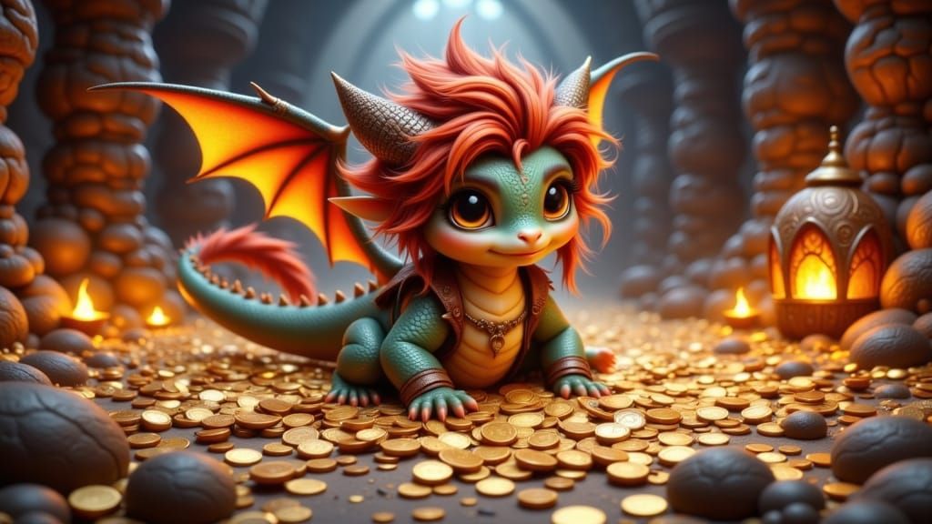 Adorable Baby Dragon Plays in Treasure Hoard