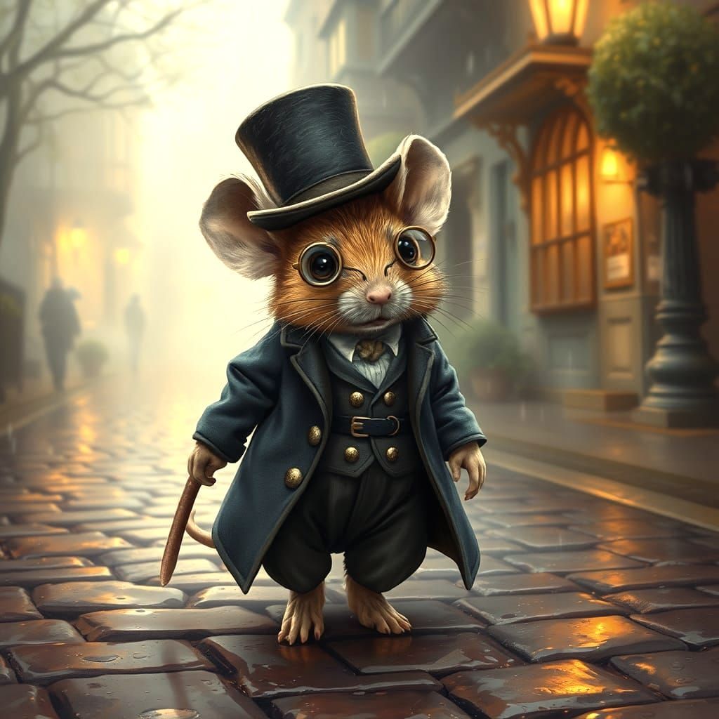 Victorian Mouse Crosses Wet Street in Fantasy Style