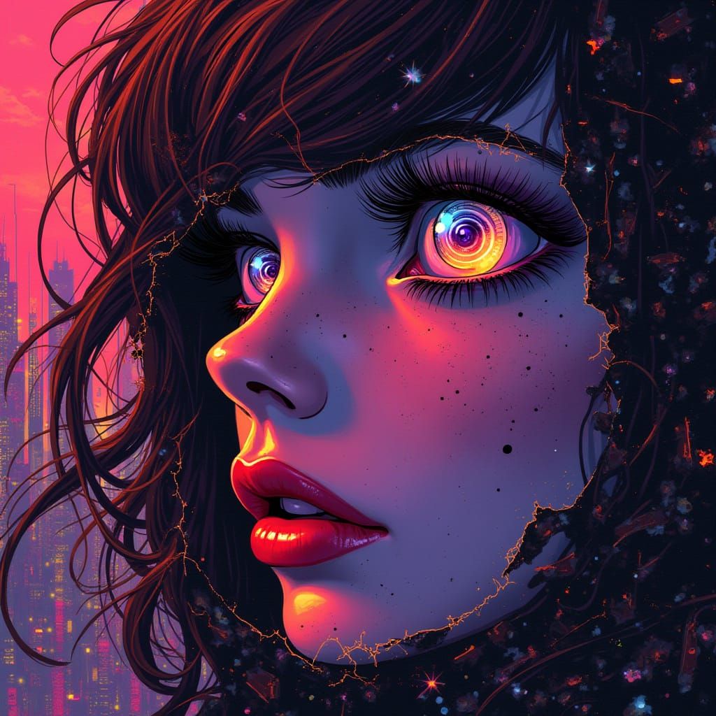 Cyberpunk Woman's Face Through Glitching Digital Screen