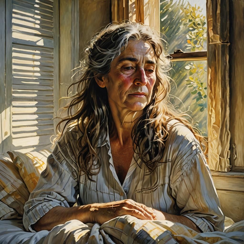 Woman in Bed with Sunlight, in Post-Impressionism Style