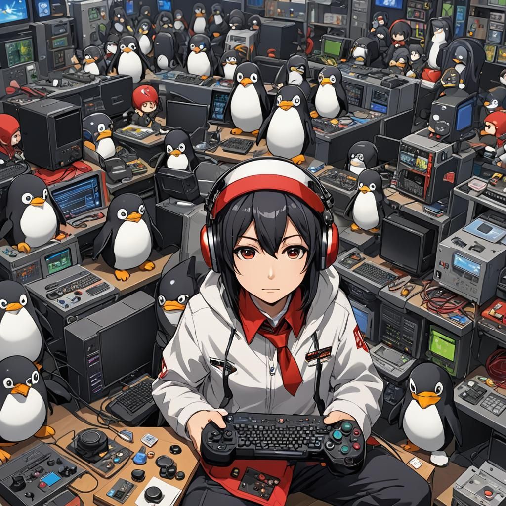 Anime Penguin Gamer in Japanese Manga Style