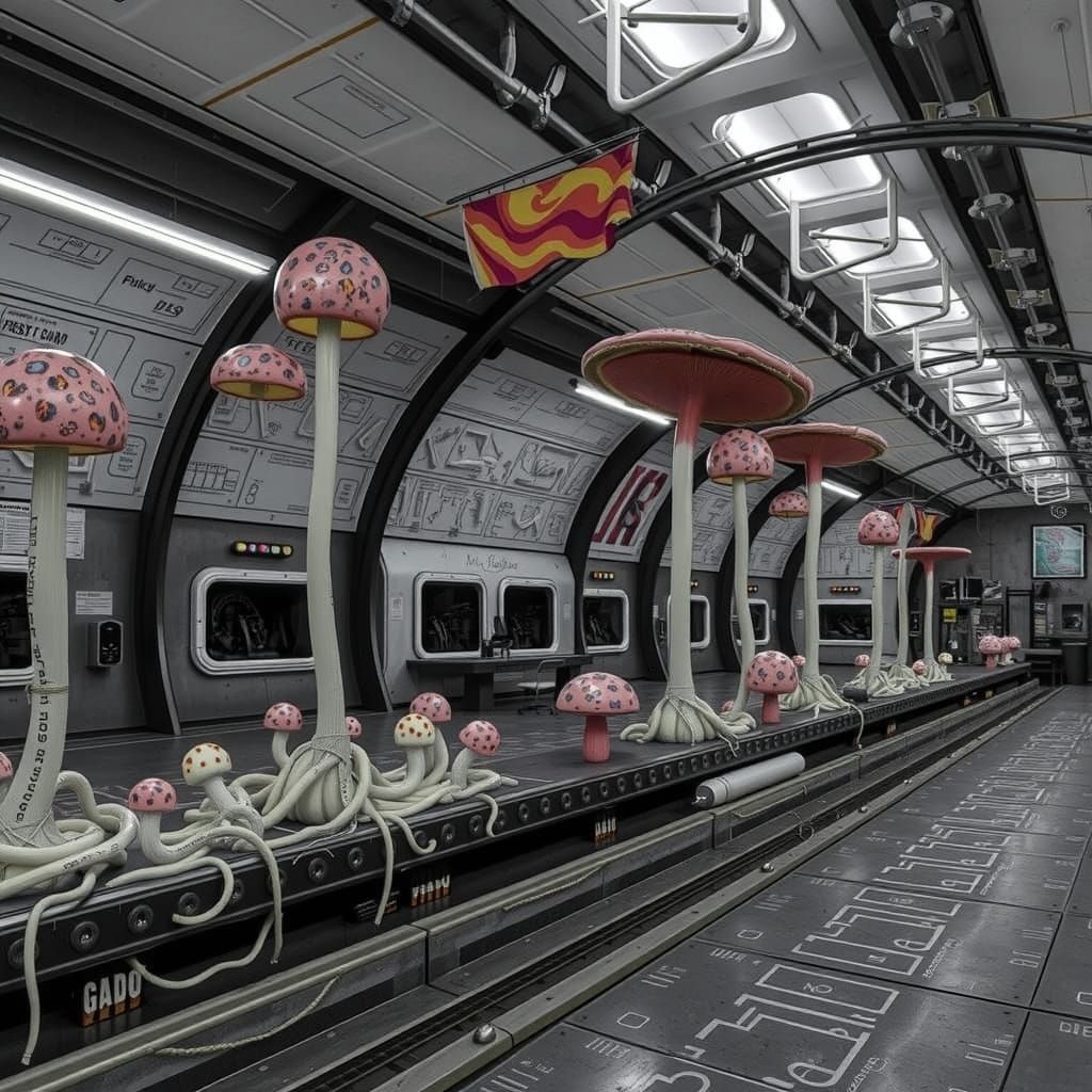 Surreal Industrial Cabin Amidst Whimsical Mushroom Forest