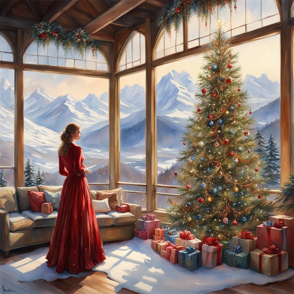 Hyperrealistic Christmas Tree Watercolor Painting