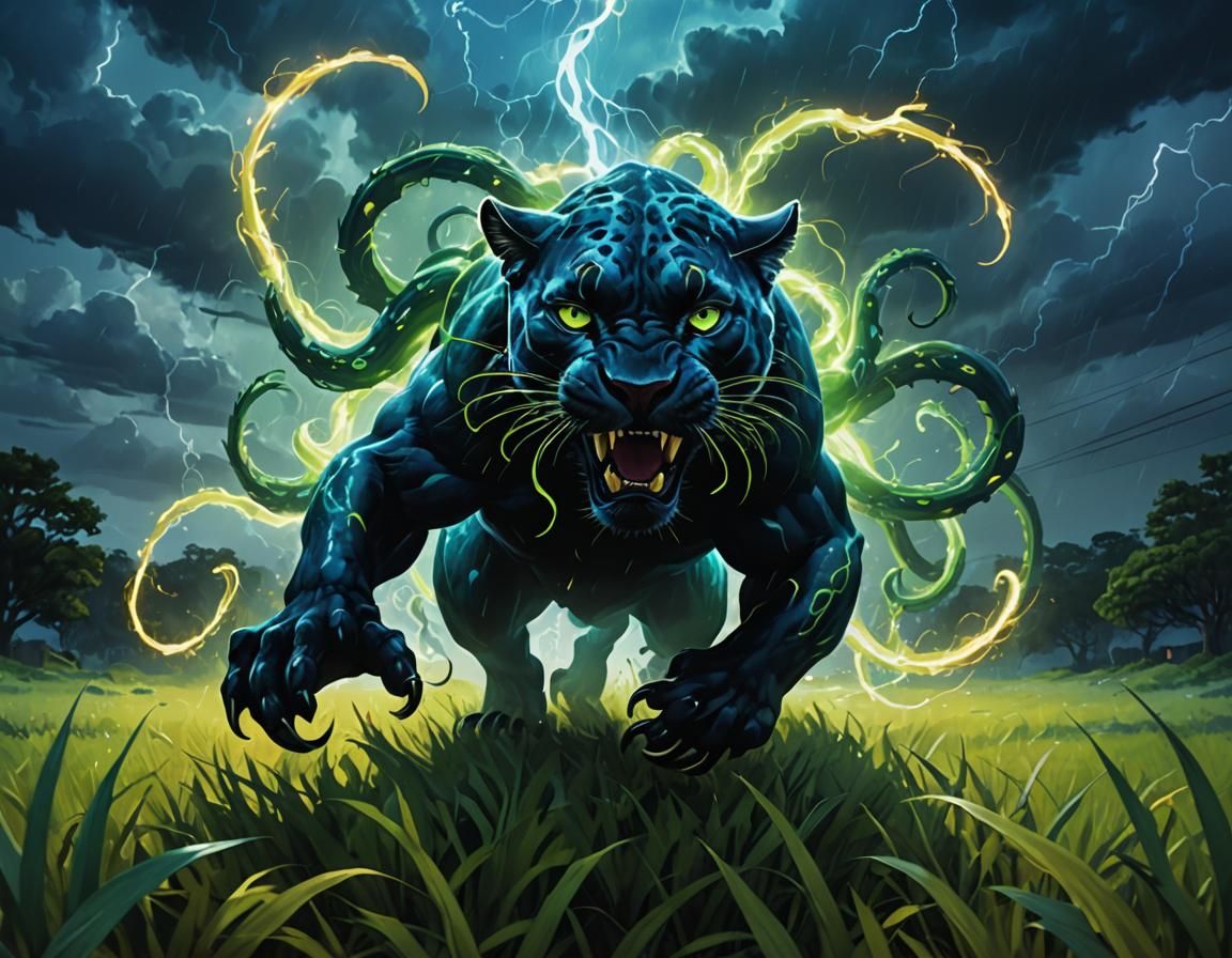 Beaked Panther with Tentacles near Portal, Gouache Style