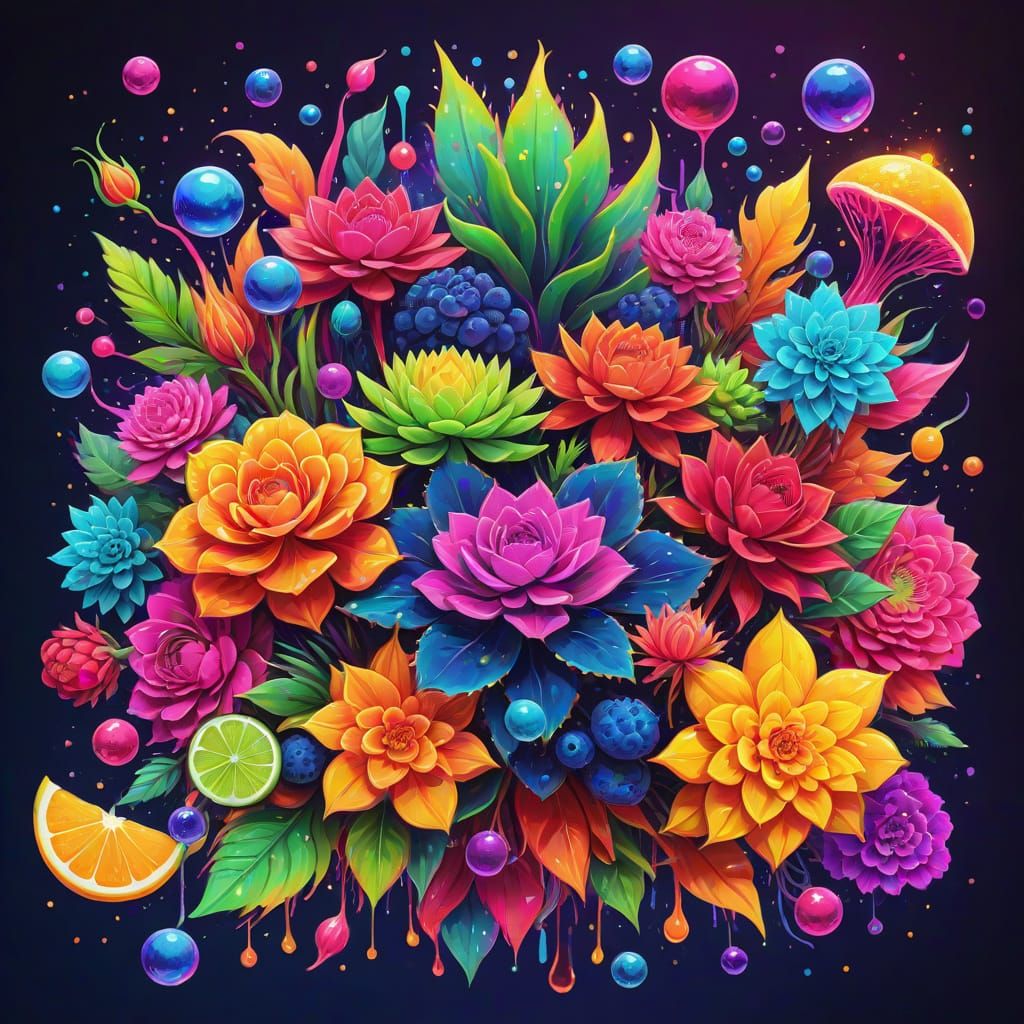 Psychedelic Fruits and Flowers in Neon Colors
