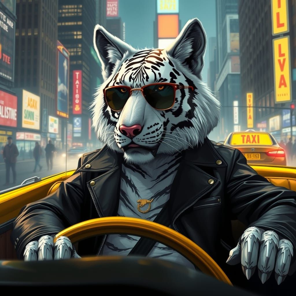 Wolf-Tiger Hybrid Taxi Driver in Sci-Fi Cityscape