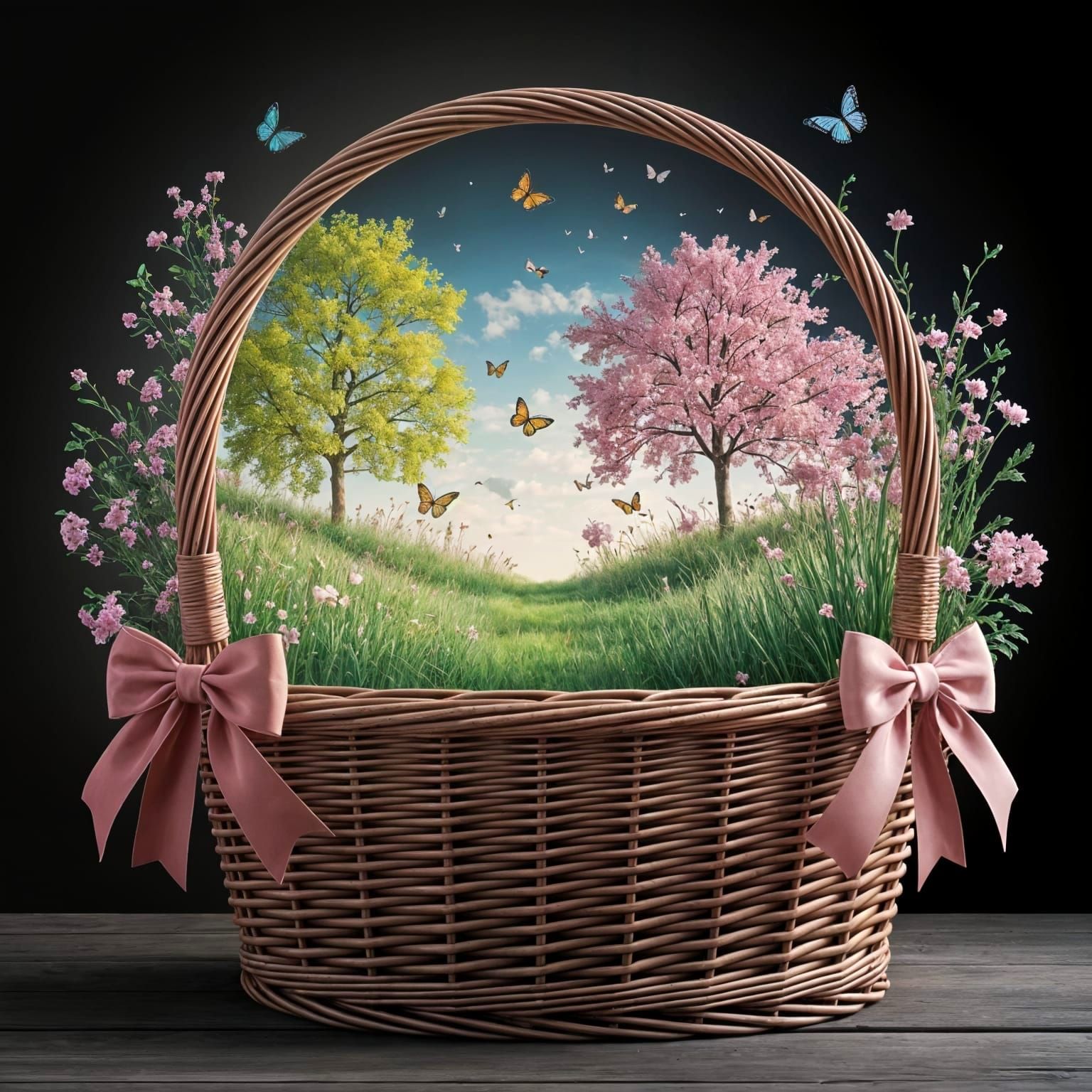 Vibrant Spring Scene in a Wicker Basket
