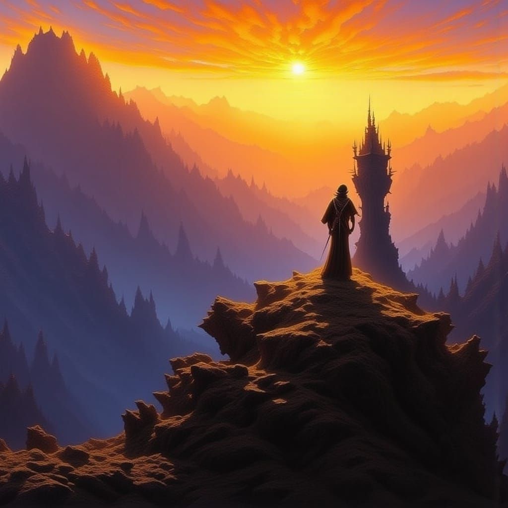 Majestic Figure on Mountain Peak at Sunrise