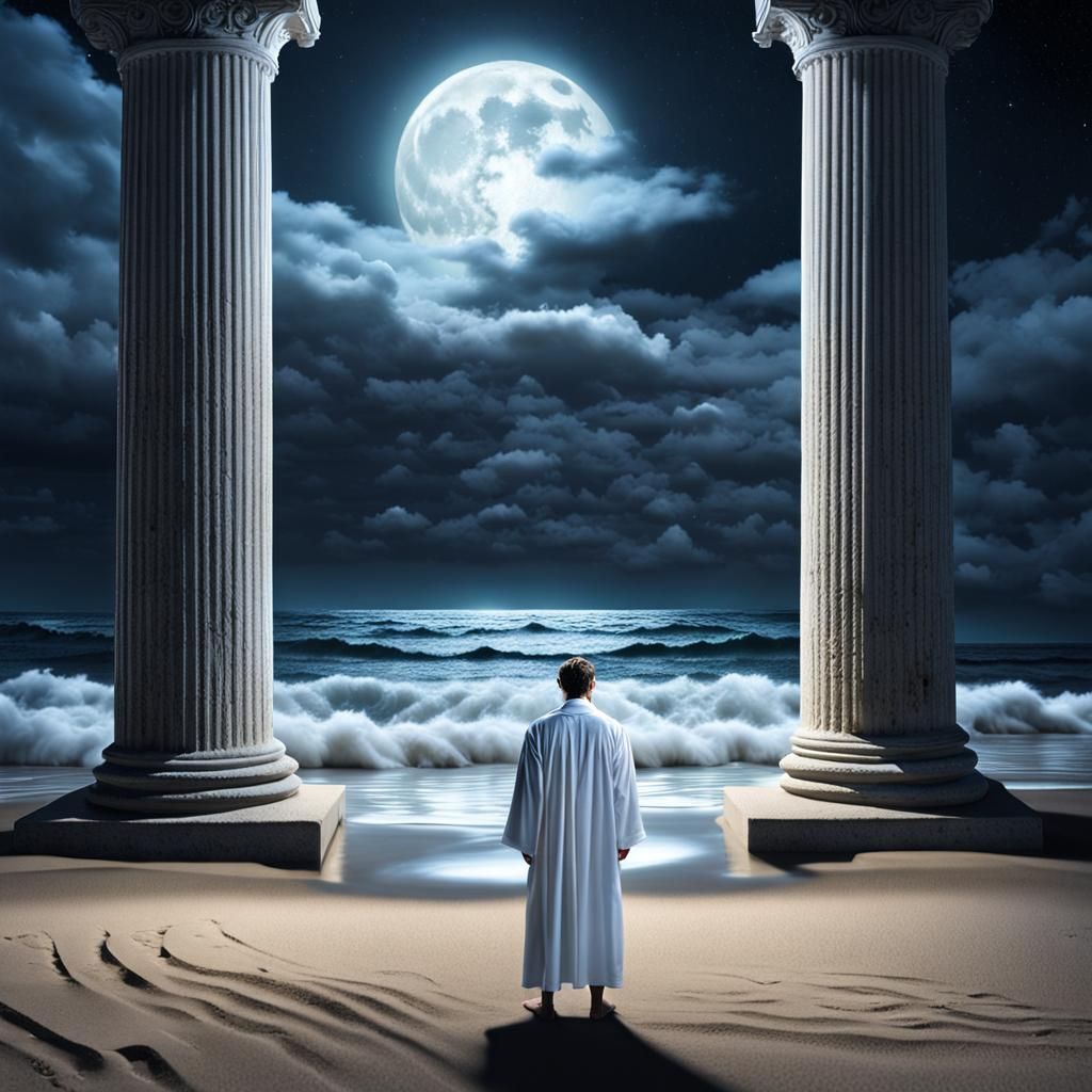 Melancholy Man in White Robes Under Moonlight