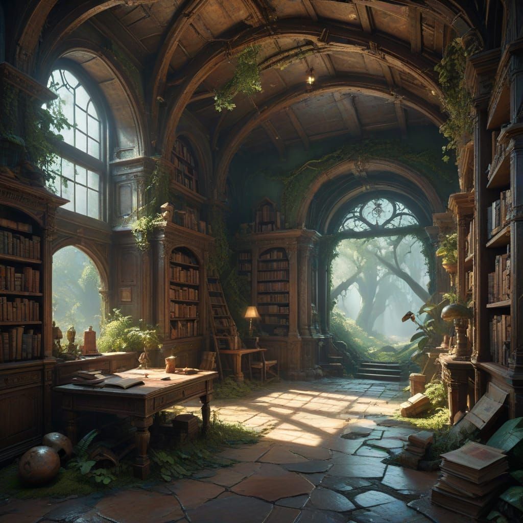 Whimsical Ancient Library with Twisted Wooden Carvings and G...