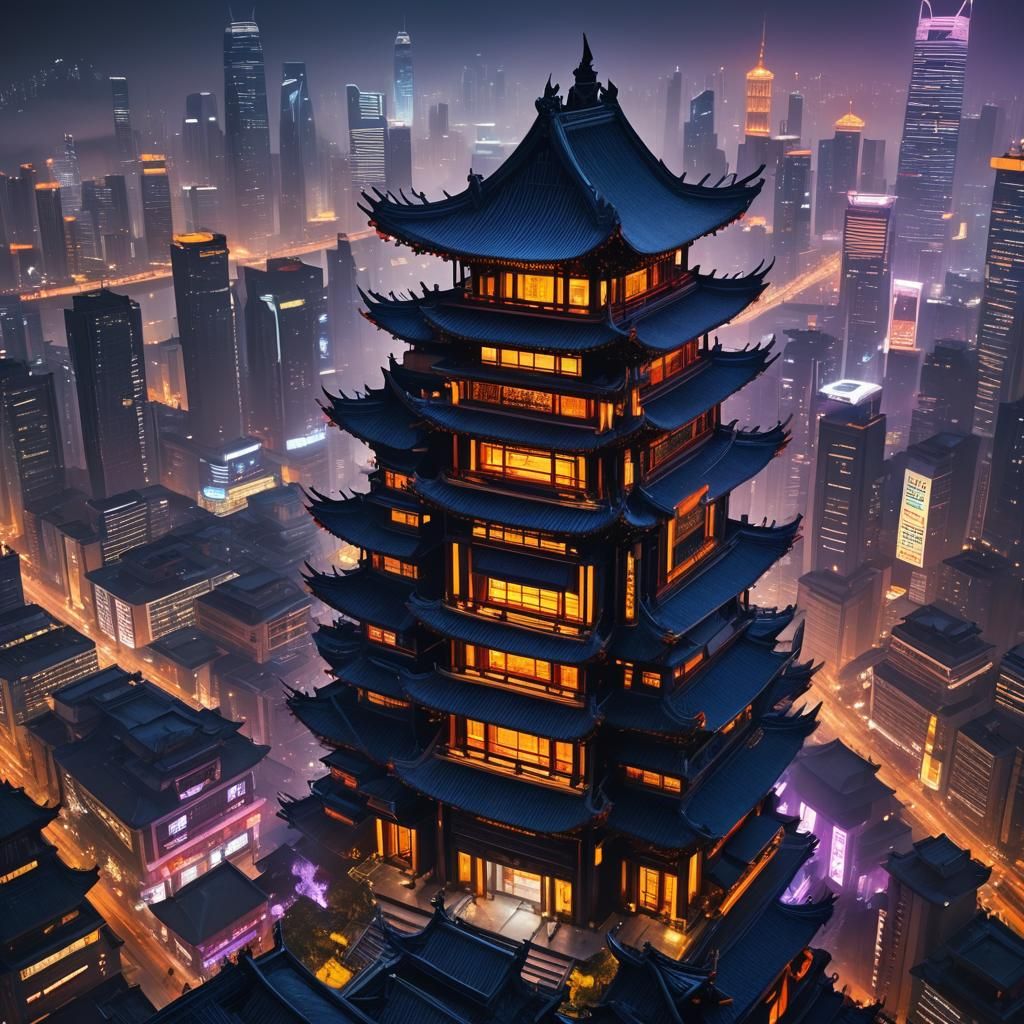 Futuristic Chinese Skyscraper in a Dark Cityscape