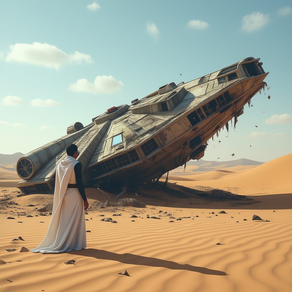Vulcan Stands Before Crashed Spaceship in Desert