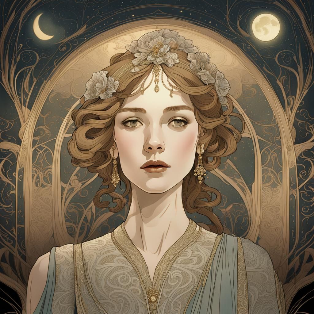 Elegant Woman in Ornate Gown: Art Nouveau Portrait