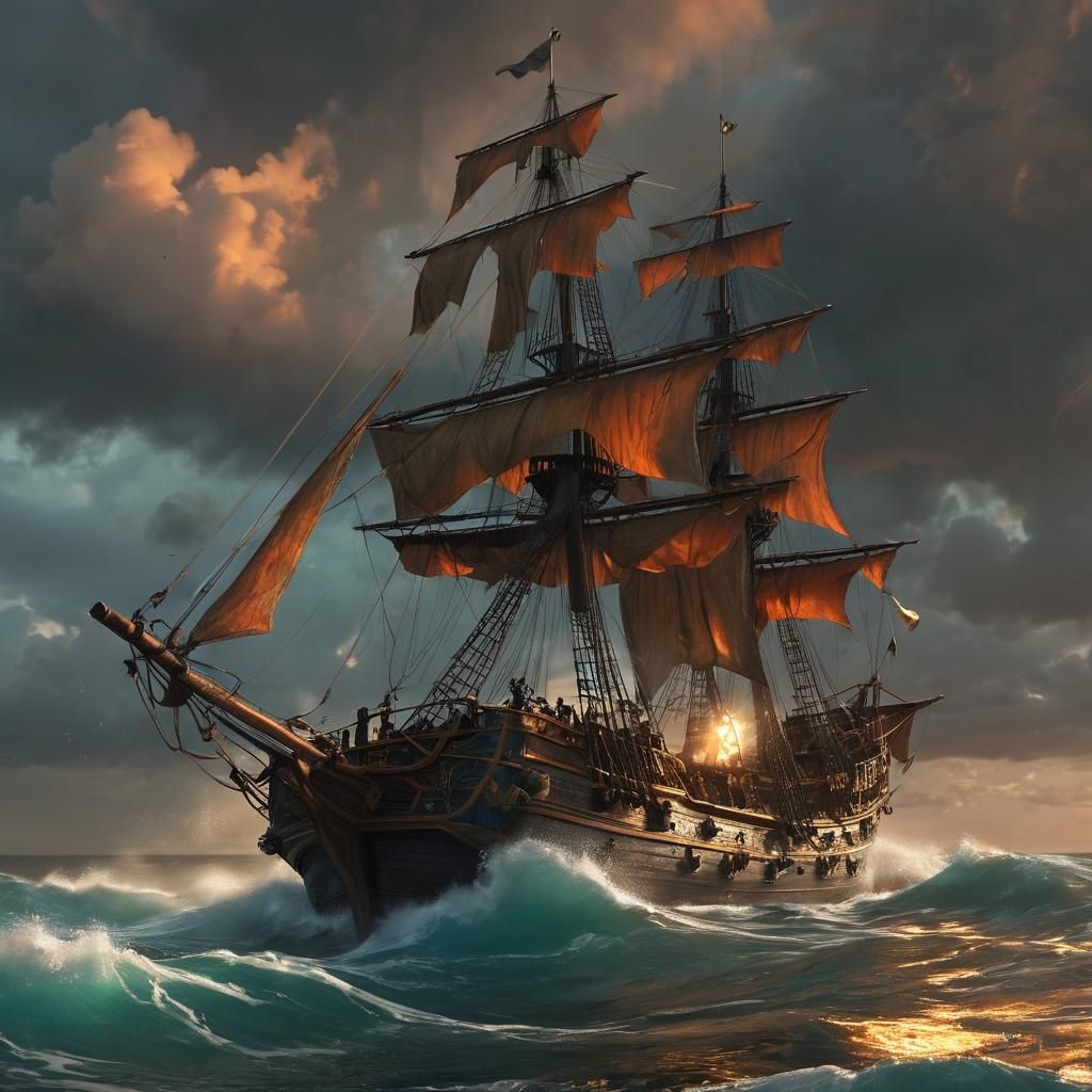 Pirate Ship Battle at Stormy Sunset