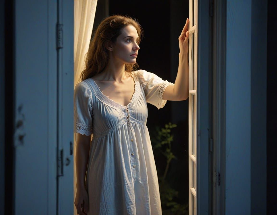A Woman in a Vintage Nightgown Looks Out into the Night