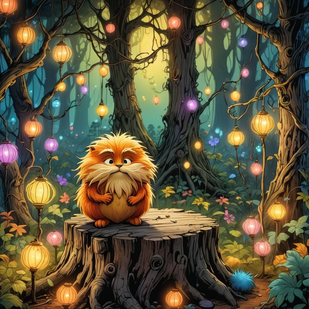 Lorax Surrounded by Glowing Lamps in Mystical Forest