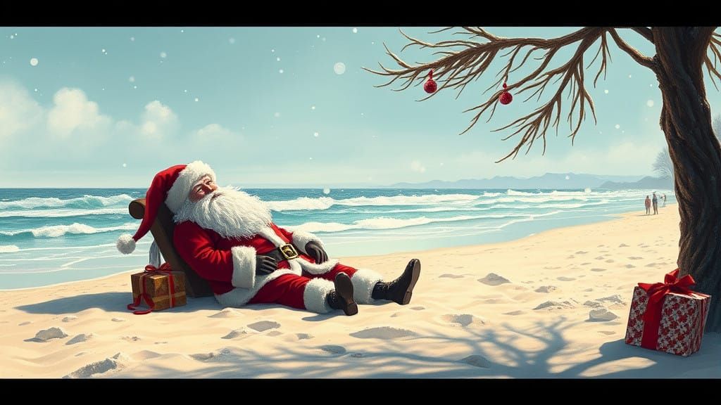 Jolly Old Elf Soaks Up Winter Sunshine on Snowy Beach