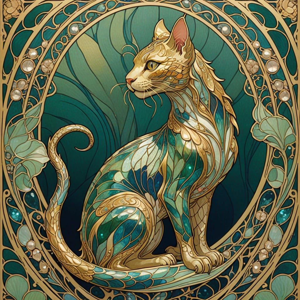 Art Nouveau Dragoncat with Flowing Lines and Curves