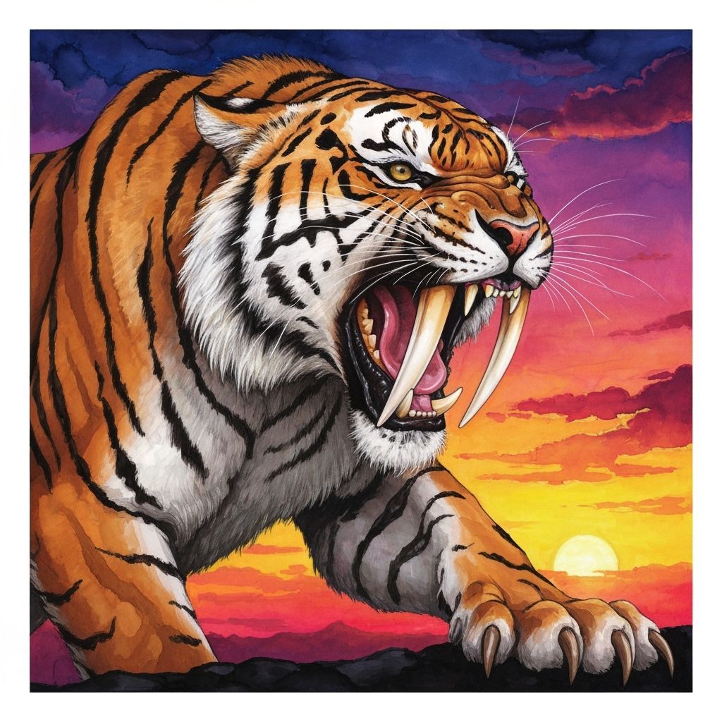 Saber-Tooth Tiger Roaring at Sunset, Alcohol Ink Illustratio...