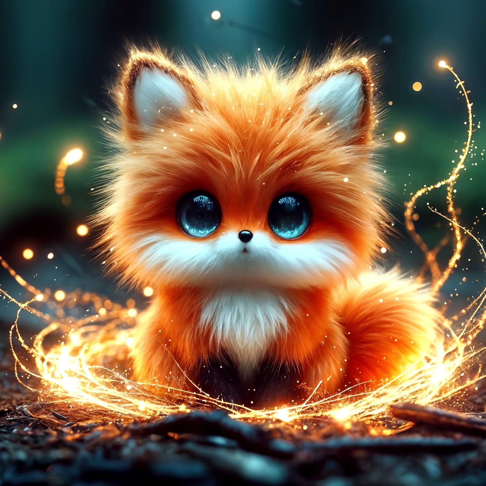 Adorable Chibi Fox with Golden Sparks Digital Artwork