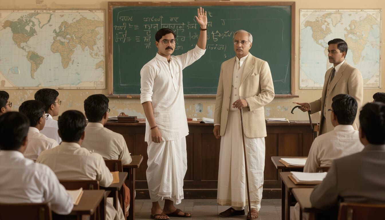 Vintage Indian Classroom Scene in Classical Painting Style