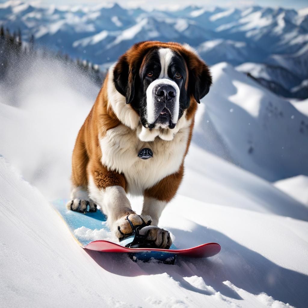 St Bernard Snowboarding on a Snowy Mountain