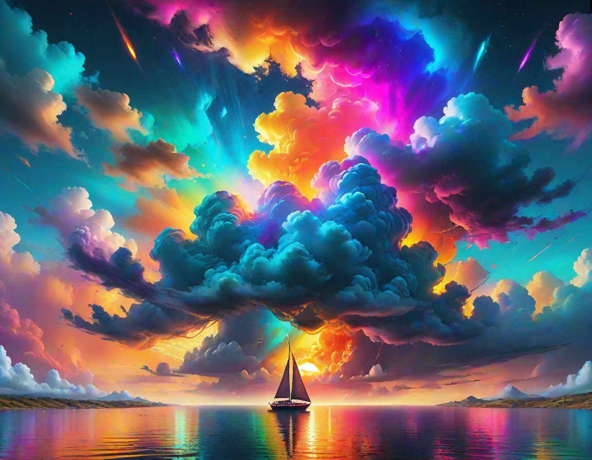 Sailboat at Sunset with Exploding Stars