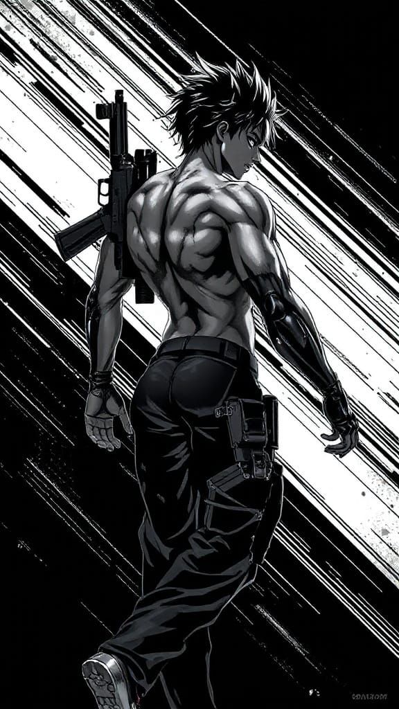 Noir Anime Cyborg Gunslinger in Grayscale