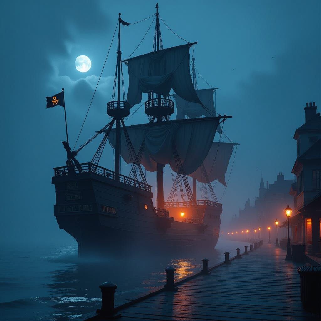 Ghost Pirate Ship on Misty Summer Night