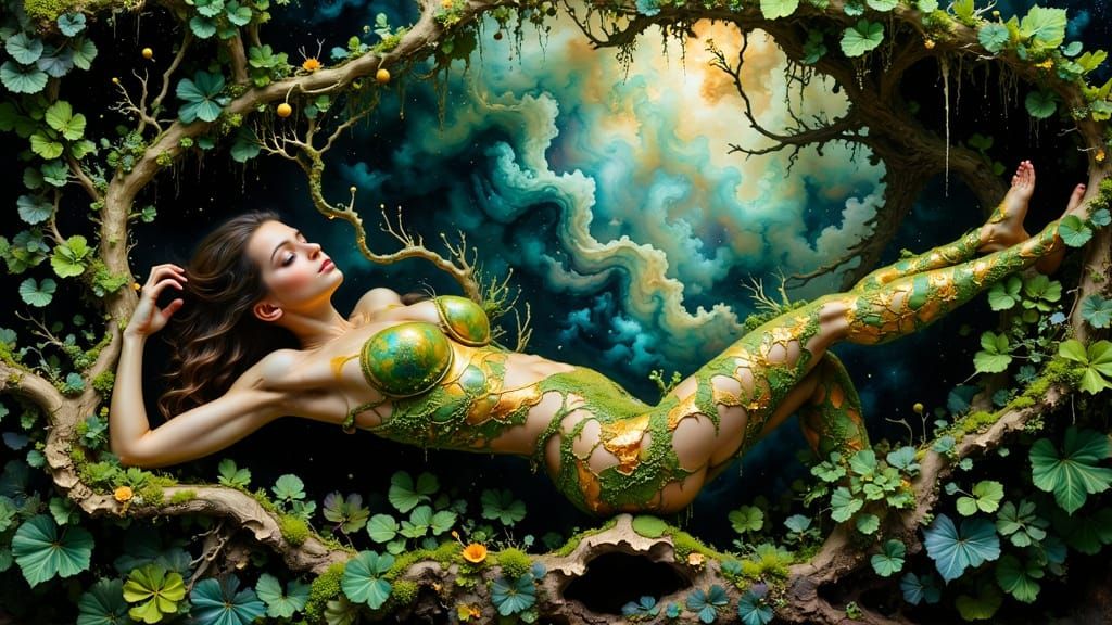 Moss Woman Reclining in Mysterious Forest