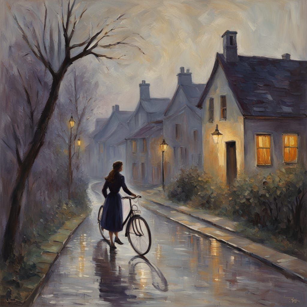 Teen Girl Bikes Through Village Under Starry Night