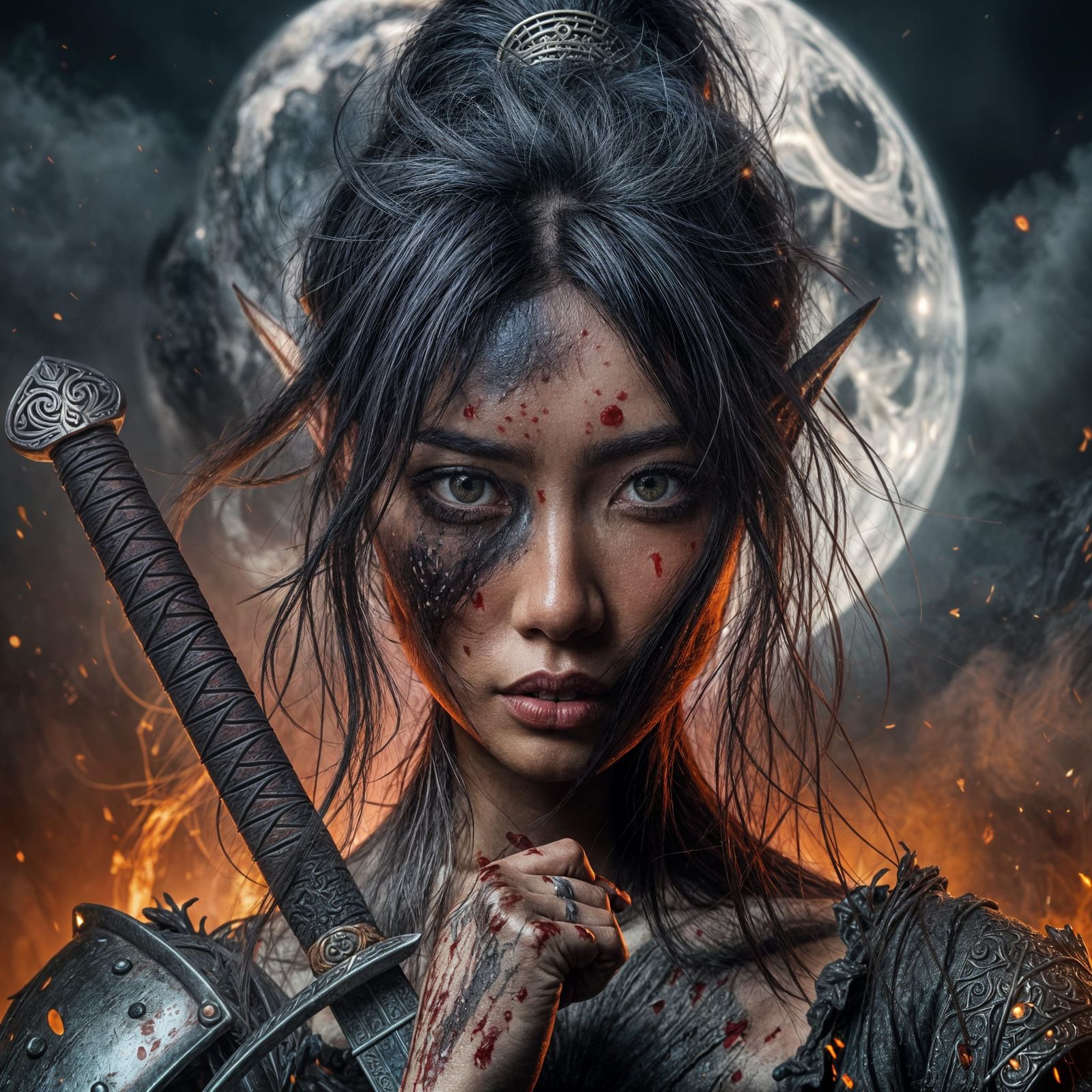 Fierce Asian Female Elf Warrior Stands Against Blazing Flame