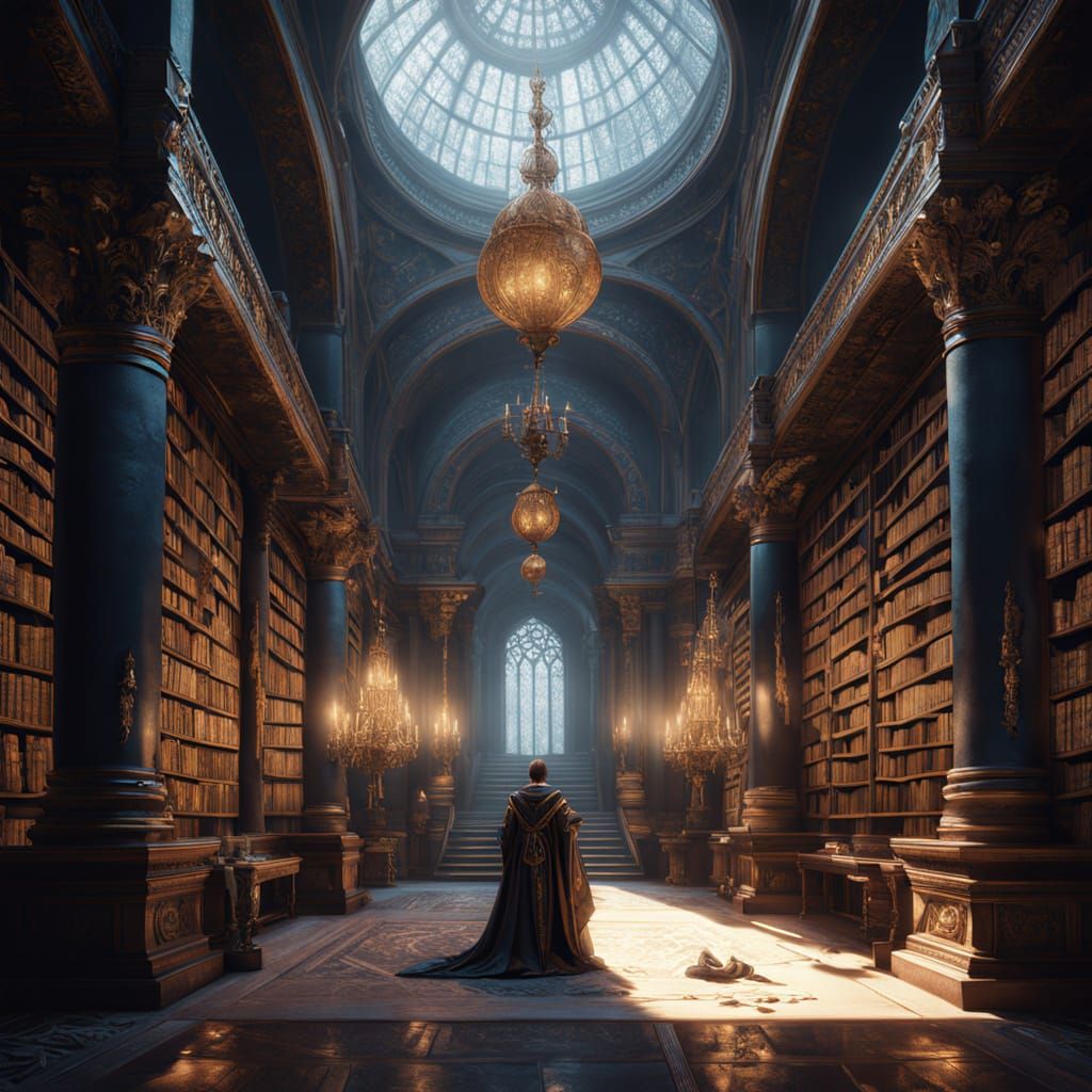 Mystical Figure in Ancient Library Amidst Ethereal Orbs