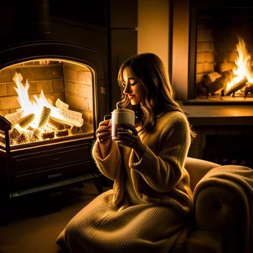 Cozy Fireplace Scene with Hot Chocolate