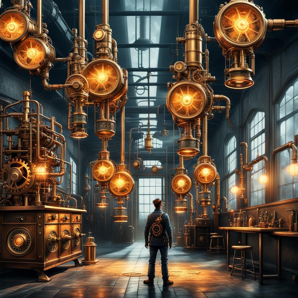 Intricate Brass Steam Engine in Steampunk Laboratory