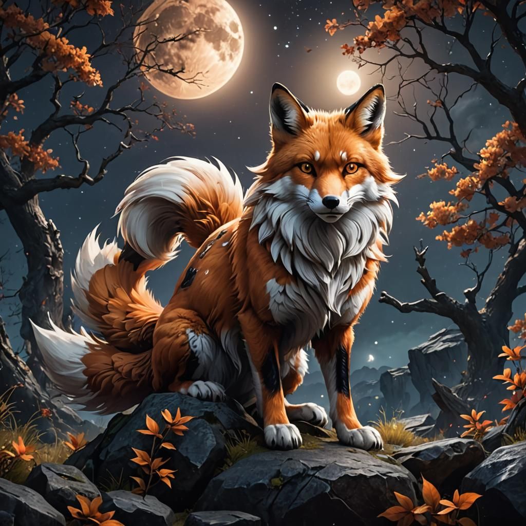 Nine-Tailed Fox Howling at Moon: Fantasy Concept Art