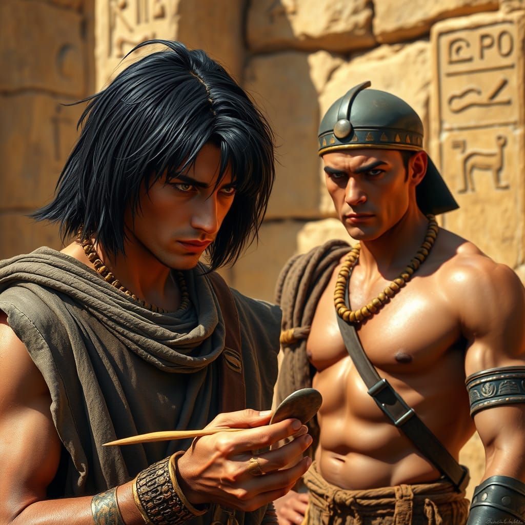 Egyptian Warrior Studies Ancient Wooden Spoon in Sunlit Dese...