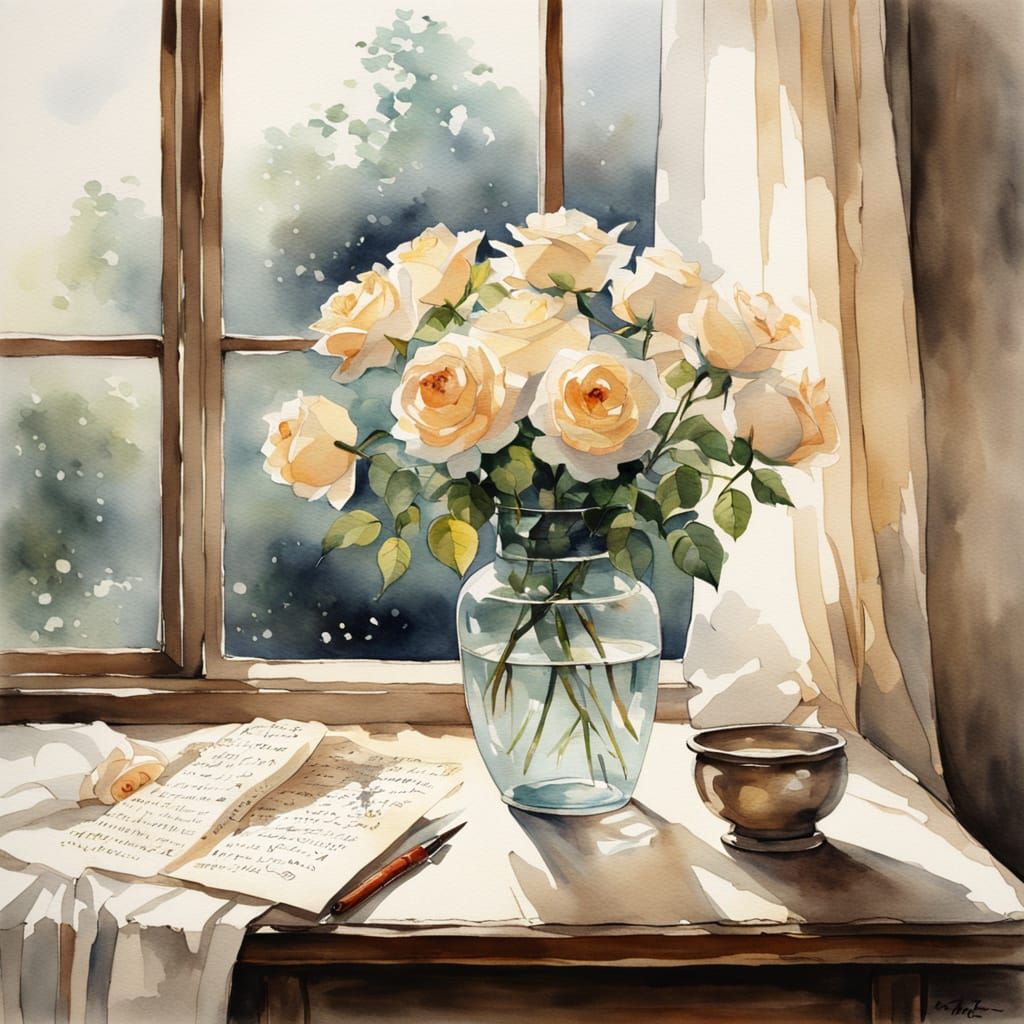 Watercolor Mokuhanga of Letters and Roses
