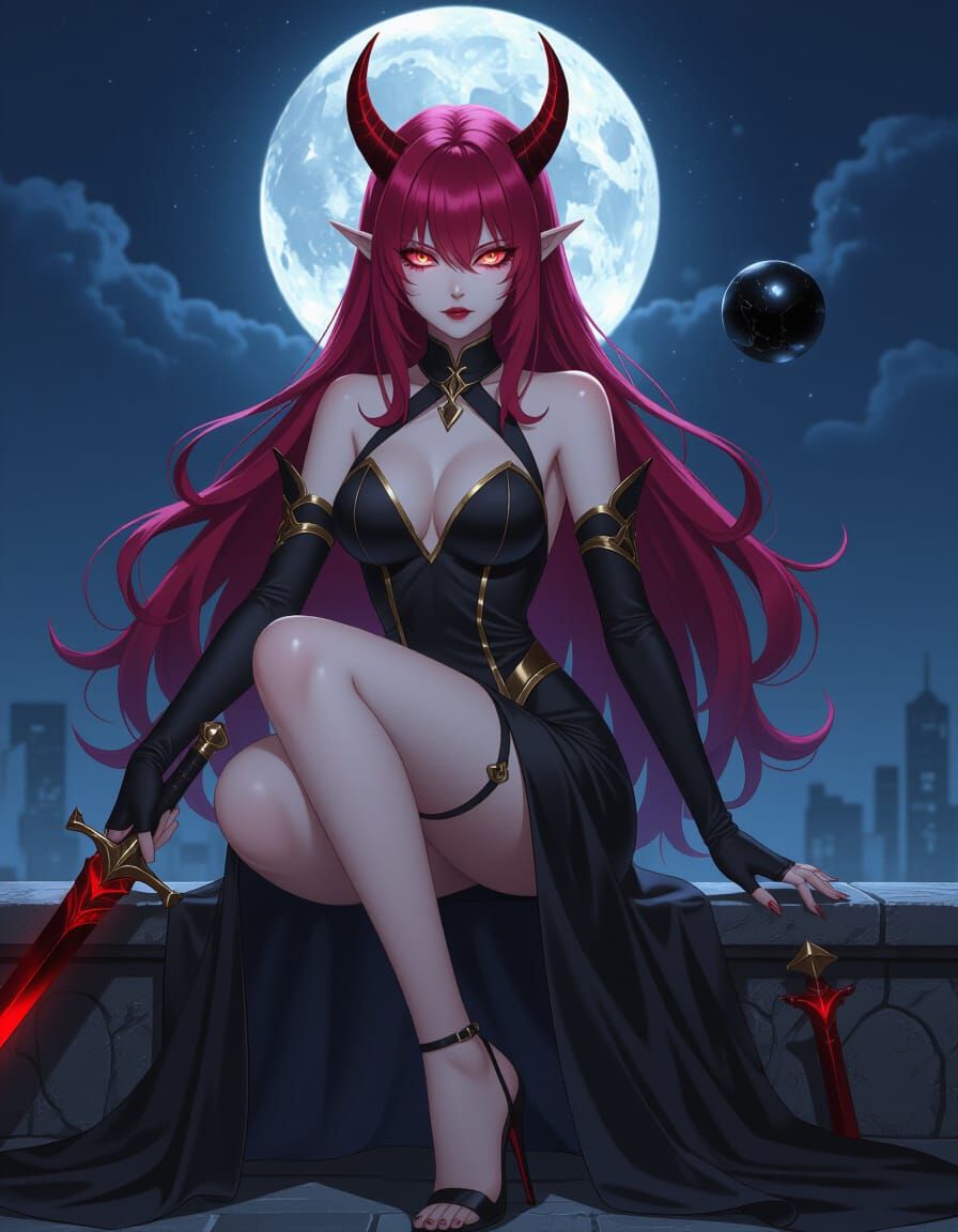 Crimson Haired Woman in Infernal Court: Anime Sci-Fi Fusion