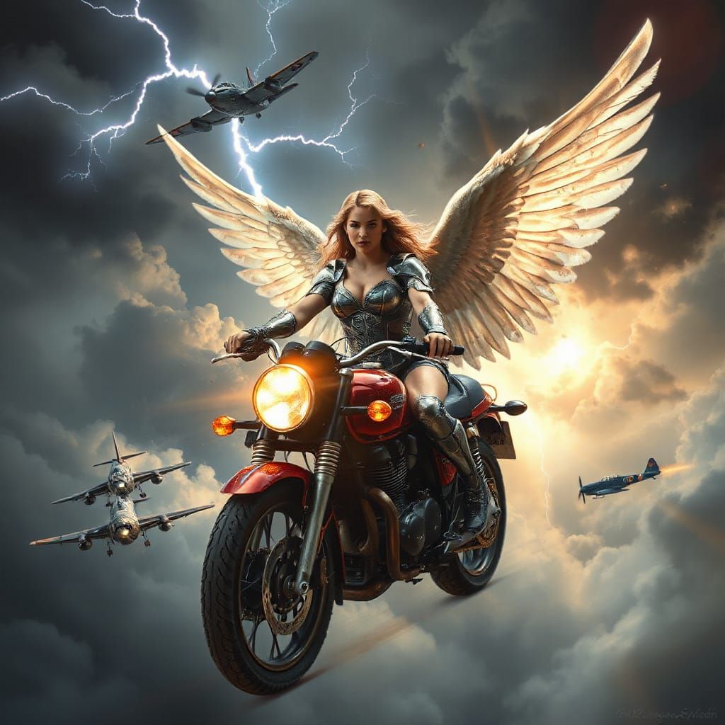 Valkyrie on Winged Motorcycle Soaring Through Stormy Sky
