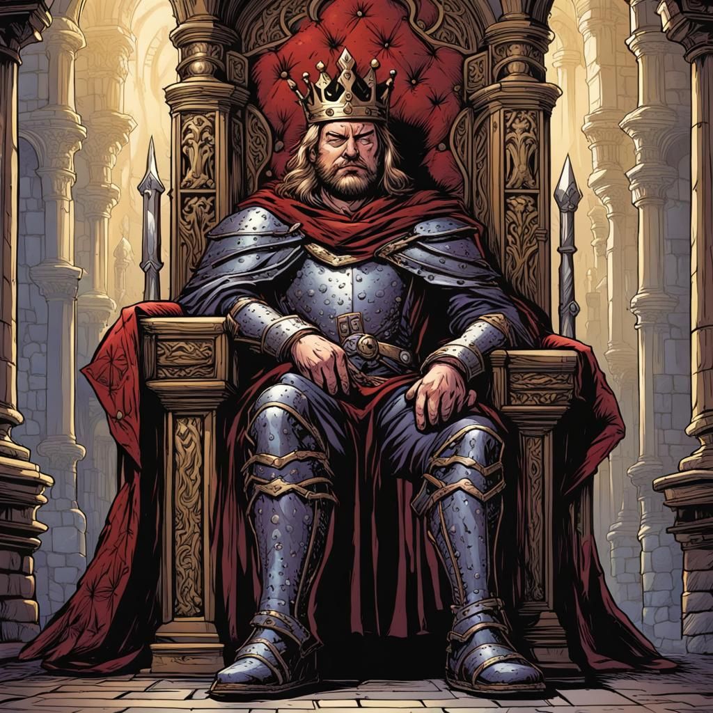 Tired Medieval King on Throne: Comic Book Art