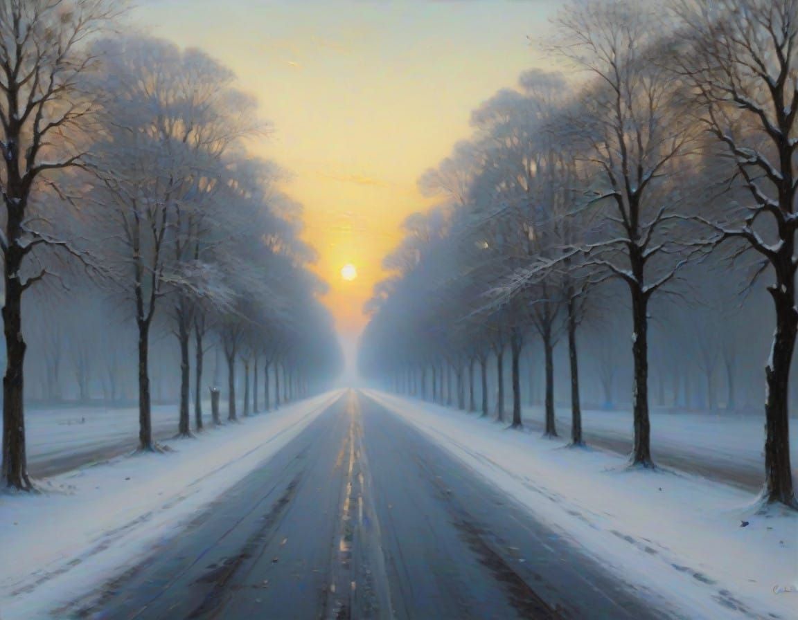 Winter Road in Monet's Style with Snowy Trees