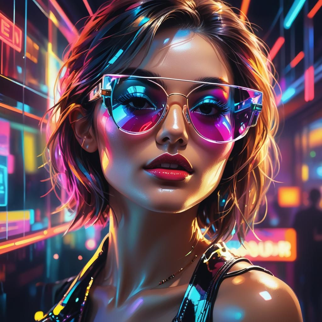 a beautiful young woman with mirror glasses, inside a nightc...