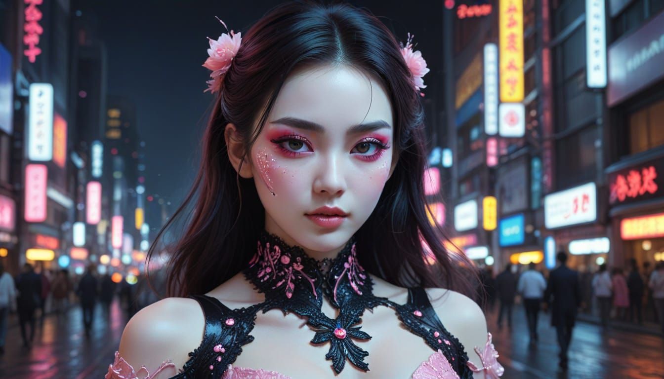 Elegant Cosplay Lady in Shinjuku with Pink Makeup