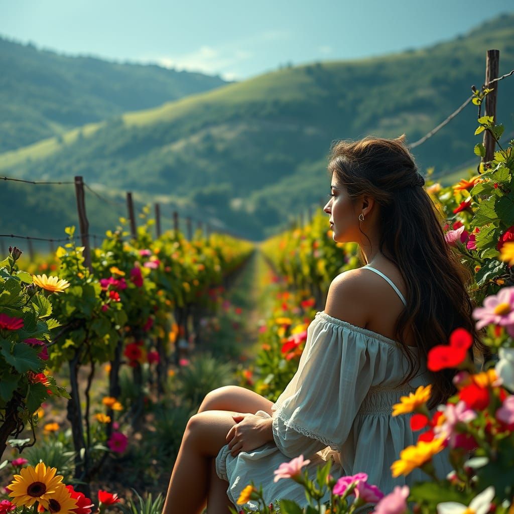 Italian Woman in Vineyard with Flowers: Photorealistic Art