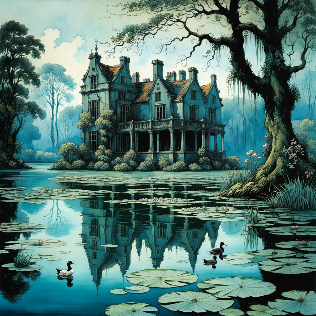 Mysterious Lakeside Manor Ruins in Romanticism Style