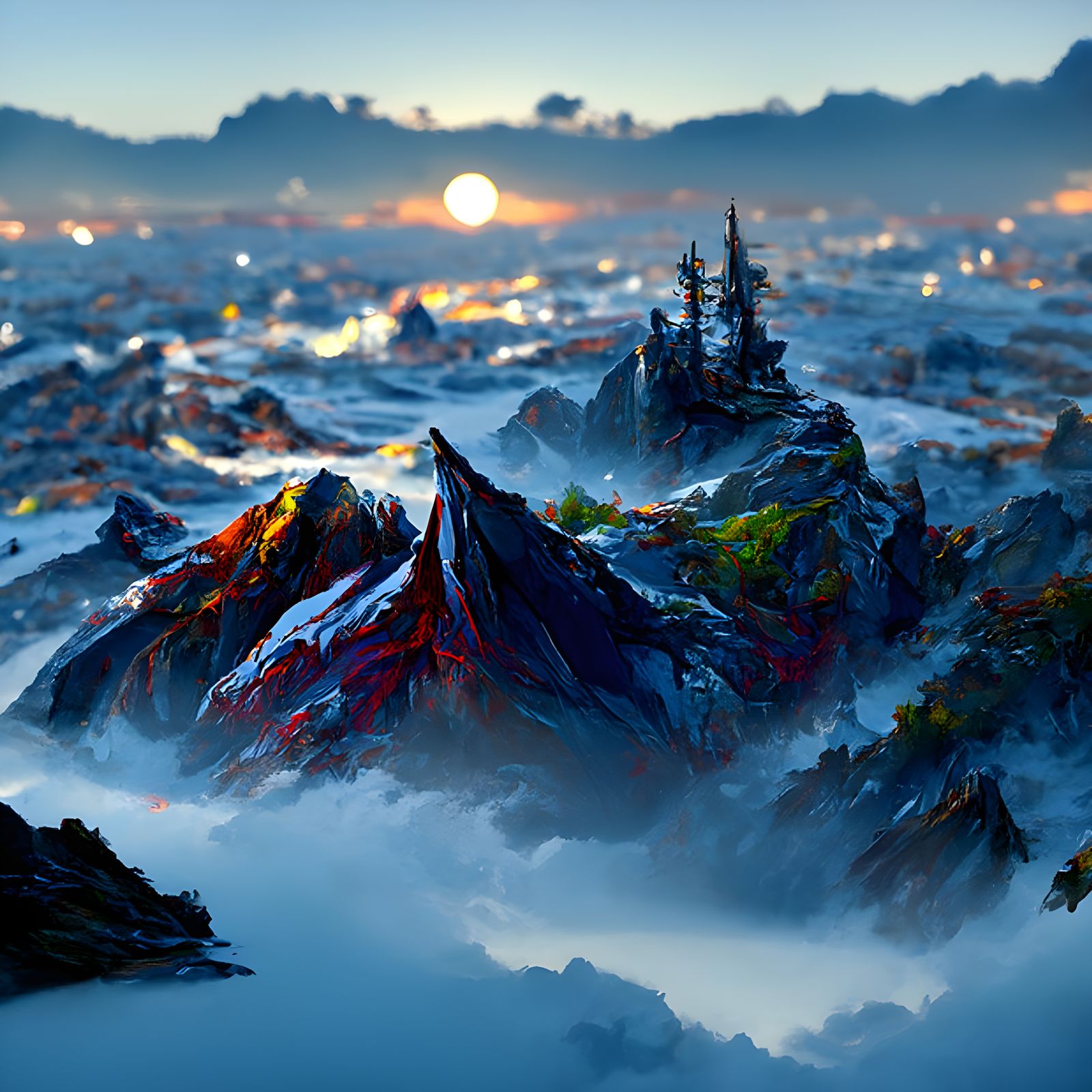Mountains Above Calm Sea in Photorealistic Style