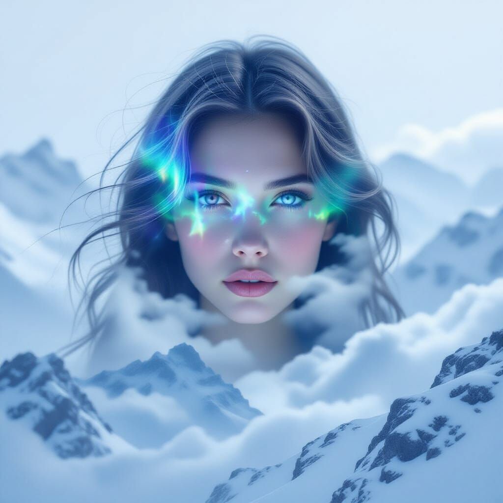 Ethereal Face Merges with Aurora Over Snowy Mountains