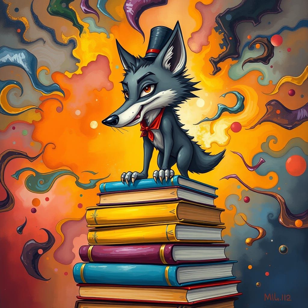 Cartoon Wolf Cub in Top Hat on Books